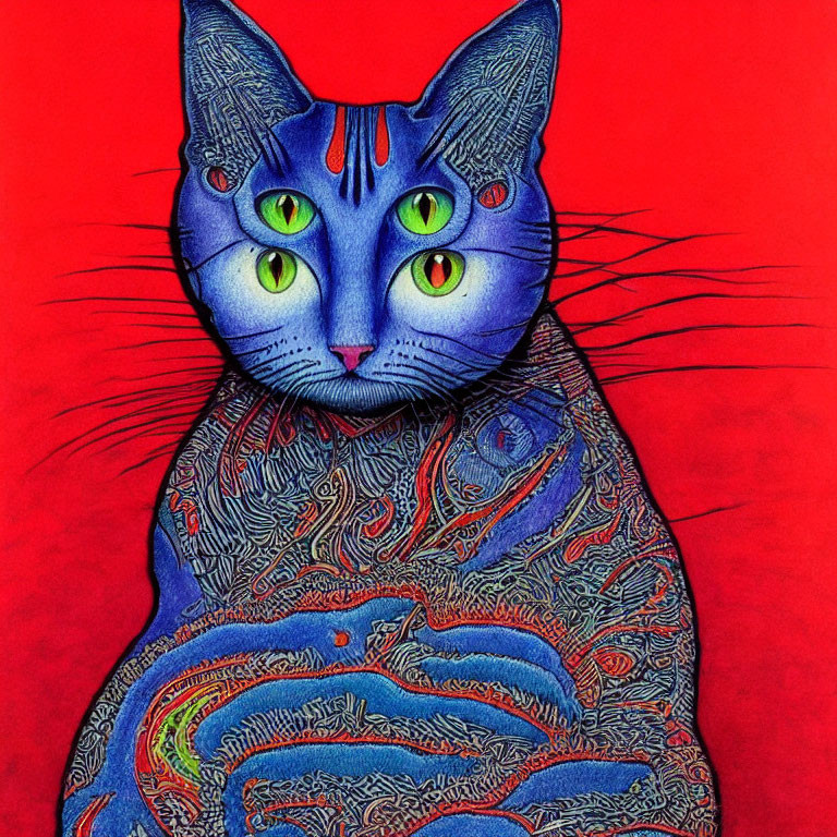 Vibrant Stylized Cat Illustration with Green Eyes and Blue Patterns