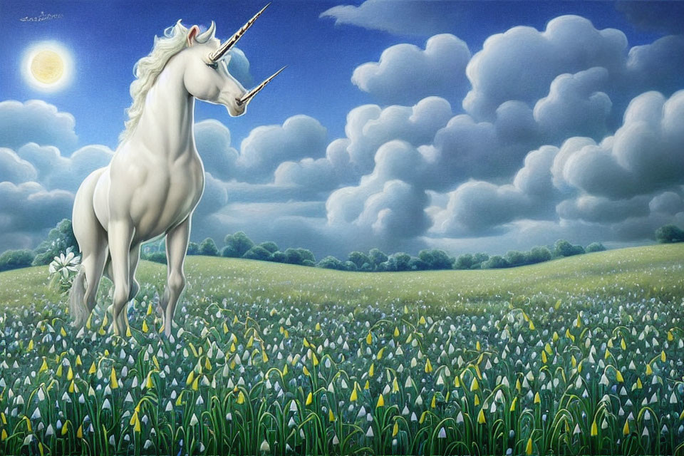 White Unicorn in Blooming Field with Daisies and Full Moon