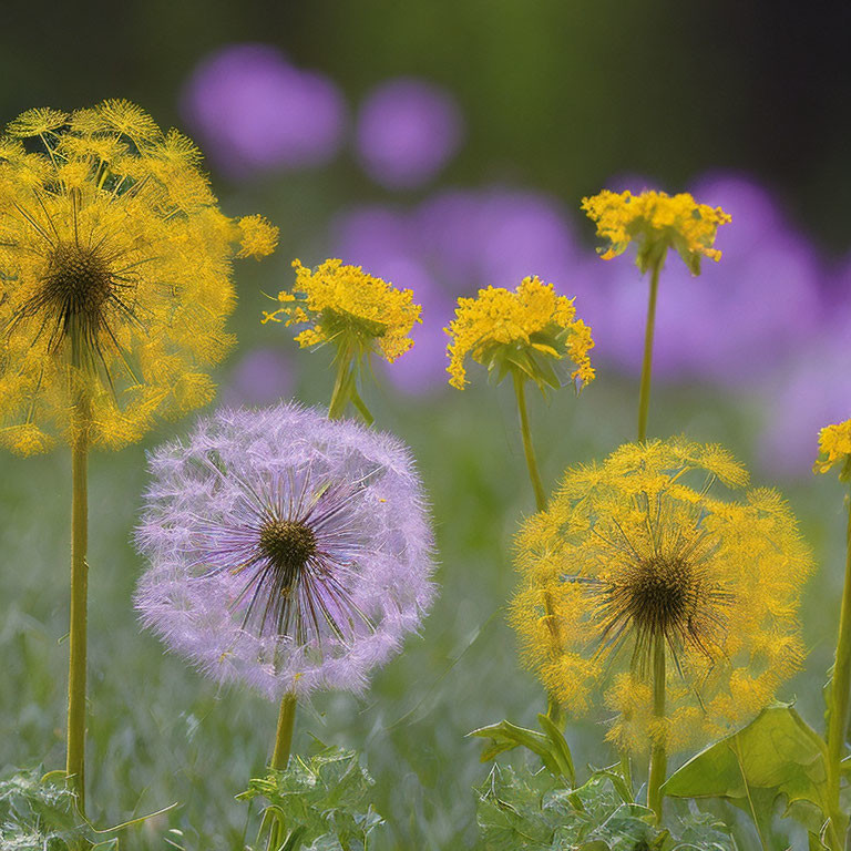 Delicate dandelions in bloom with purple flowers and green foliage