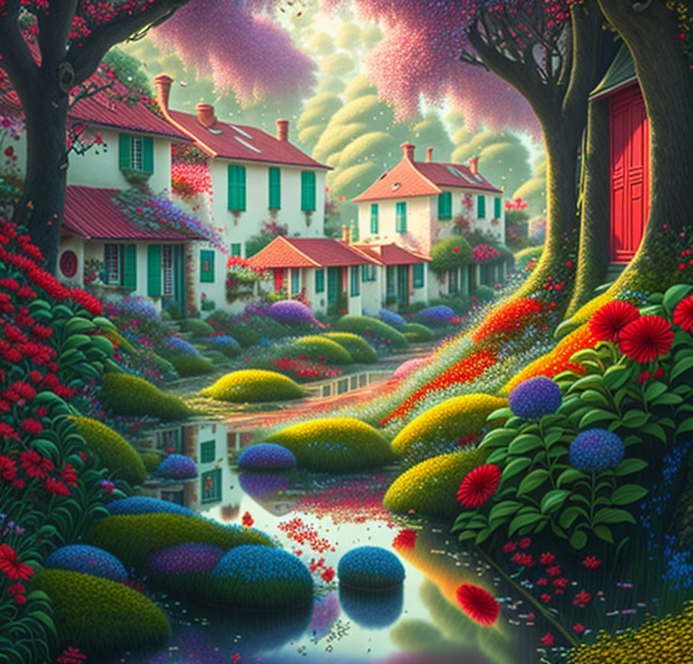 Colorful fantasy landscape with lush gardens, whimsical flora, and sparkling river