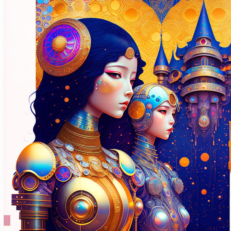 Stylized female figures with ornate, mechanical details in whimsical castle setting