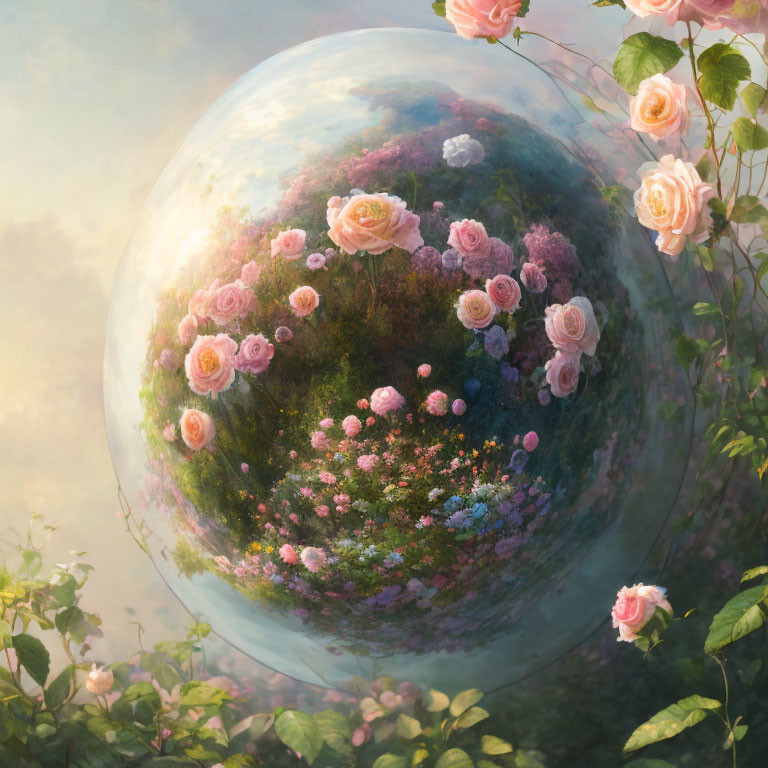 Surreal image of giant orb structure with greenery and roses