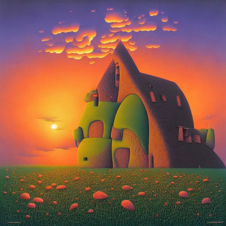 Whimsical house on red mushroom field under purple sky