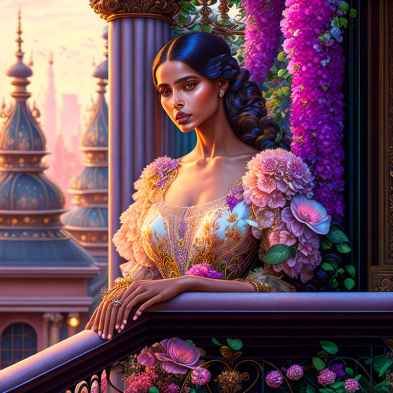 Elegant woman in adorned dress on balcony with pink cityscape