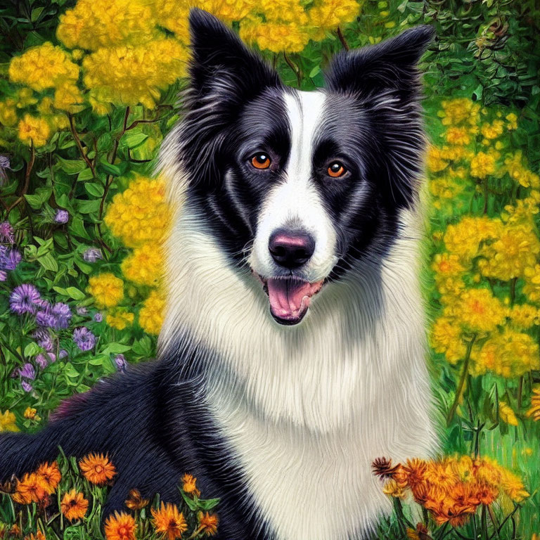 Black and white Border Collie with colorful flowers in vibrant hues