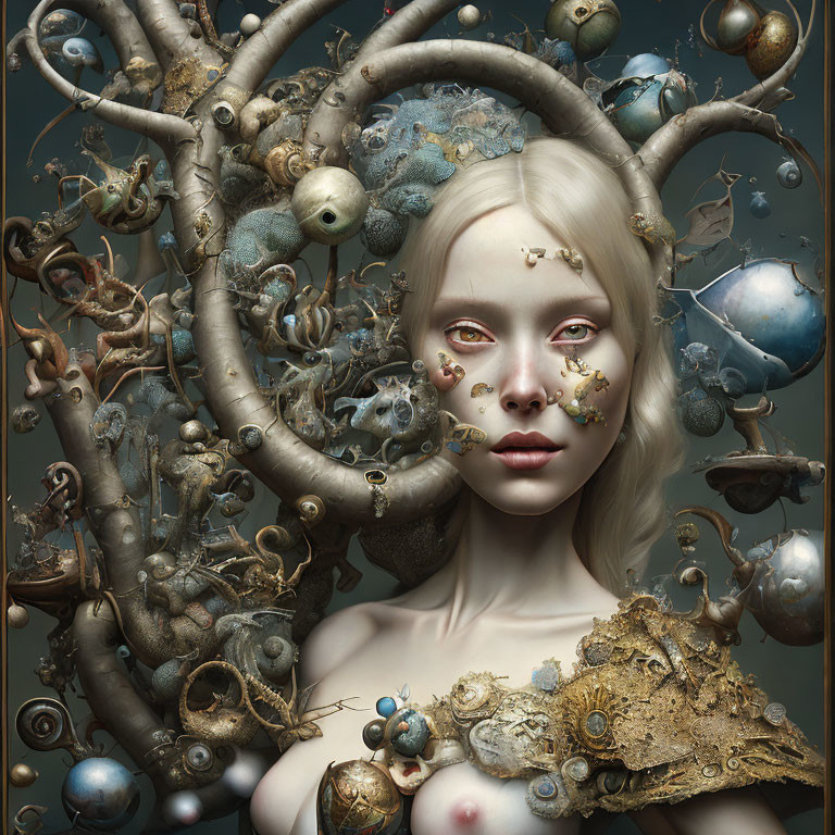 Surreal portrait of a woman with pale skin and golden flecks amidst twisted branches and fantastical