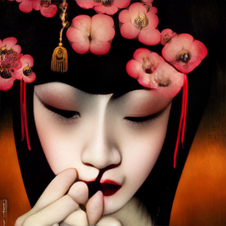 Close-up of stylized artwork: person with floral headdress, eyes closed, holding object between lips
