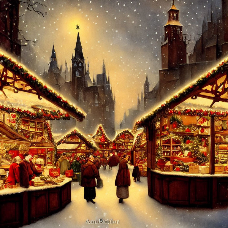 Snow-covered town Christmas market with cathedral and golden lights