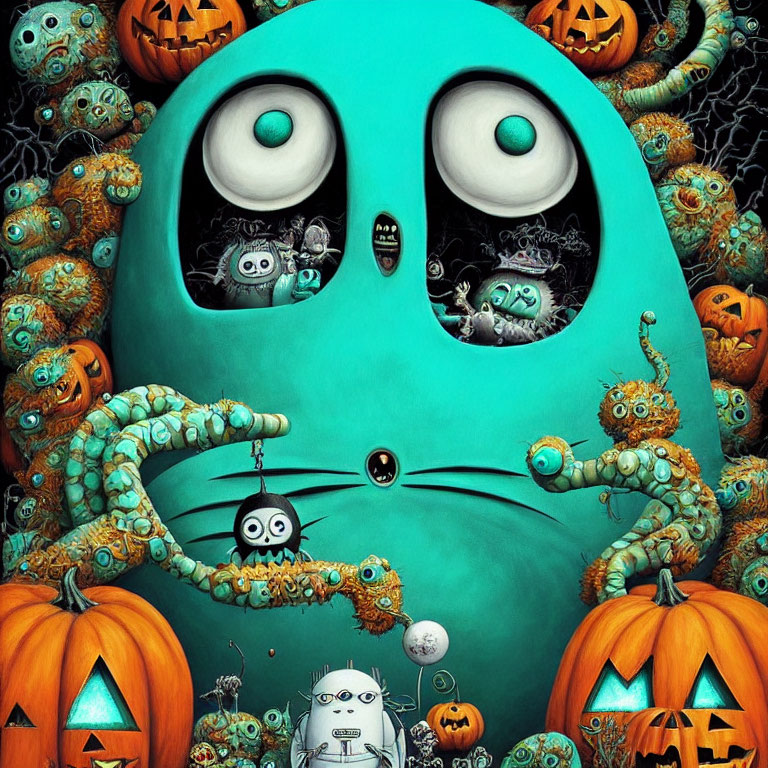 Colorful Halloween Illustration: Green Creature, Pumpkins, Monsters & Cobwebs