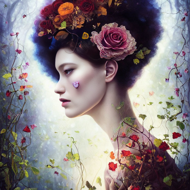 Surreal portrait of woman with floral wreath in vibrant garden