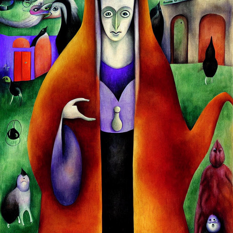 Vibrant surreal painting with central figure in orange robe, surrounded by cats, birds, and whims