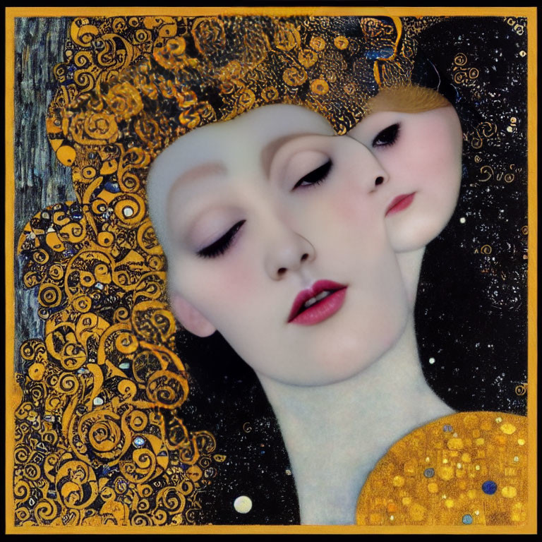 Ethereal faces with golden patterns on starry background