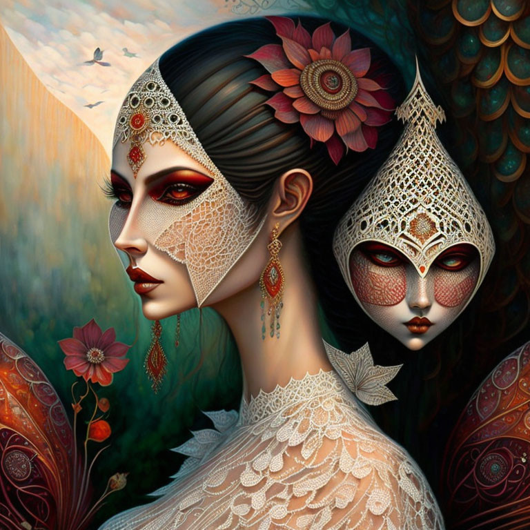 Intricate lace masks and headdresses on two female figures amid peacock feathers and flowers