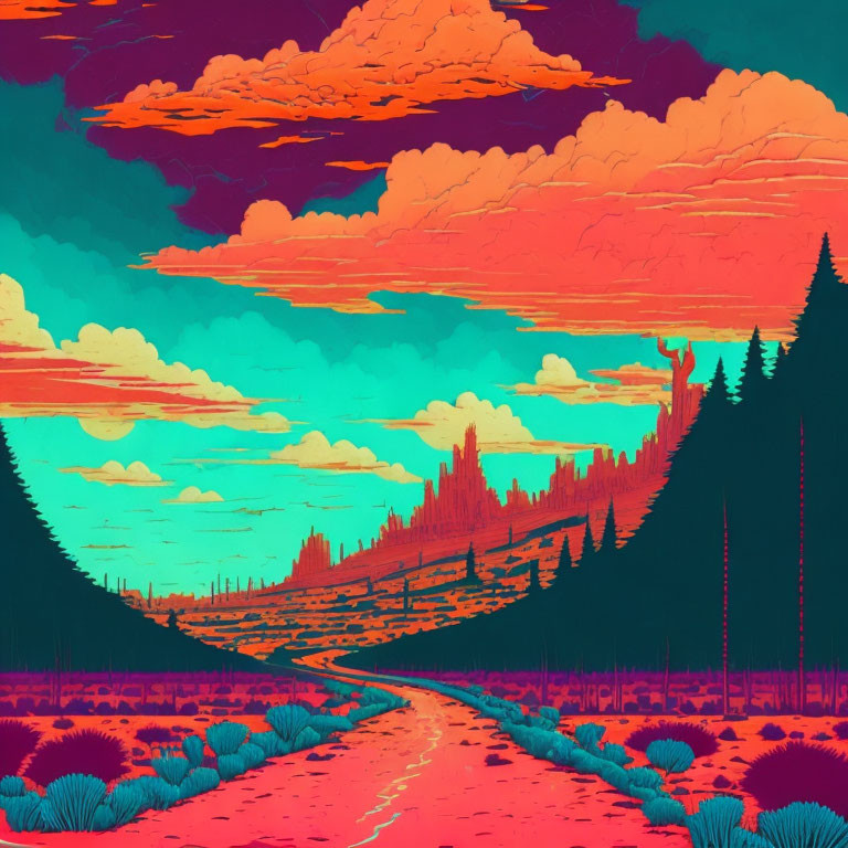 Surreal landscape with winding road through forest under orange and teal sky