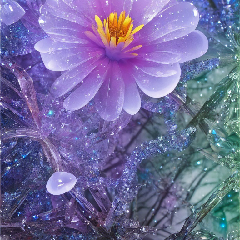 Vivid Purple Flower with Yellow Center and Crystal-like Structures