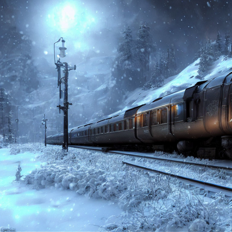 Snowy Train Tracks in Twilight with Falling Snowflakes