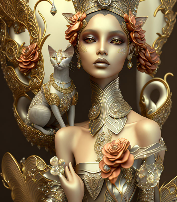 Digital artwork featuring woman in golden headdress and regal attire with sphynx cat.