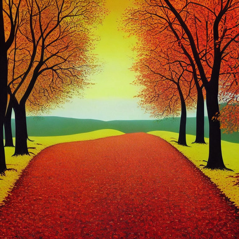 Autumn forest path with red leaves and colorful trees