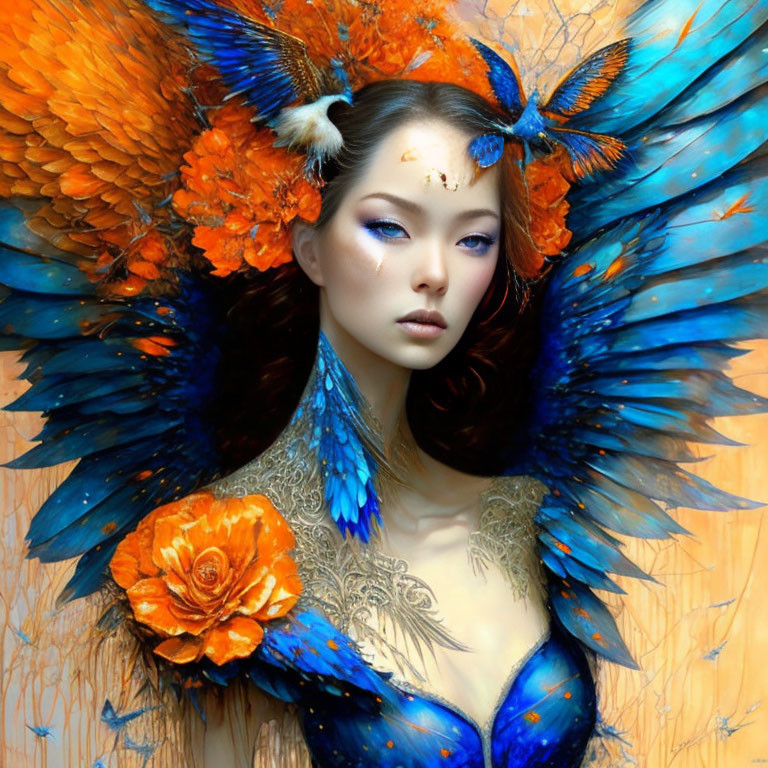 Elaborate Blue and Orange Feather Headdress on Serene Woman