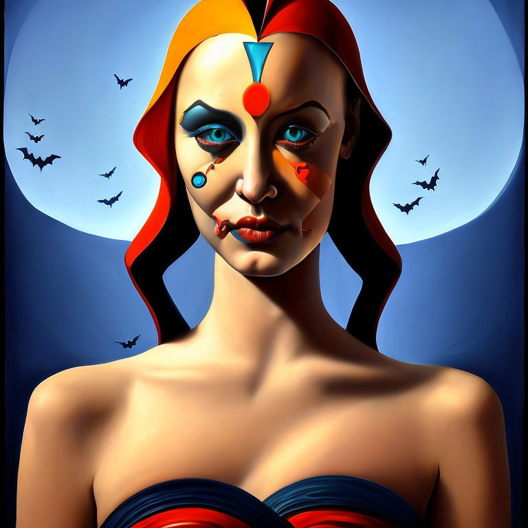 Colorful portrait with face paint, gem, and bats in background