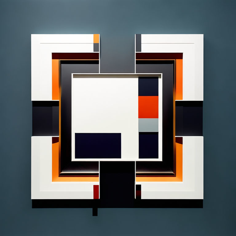 Geometric Abstract Painting with Central Square and Symmetrical Shapes in Black, White, Orange, and Blue
