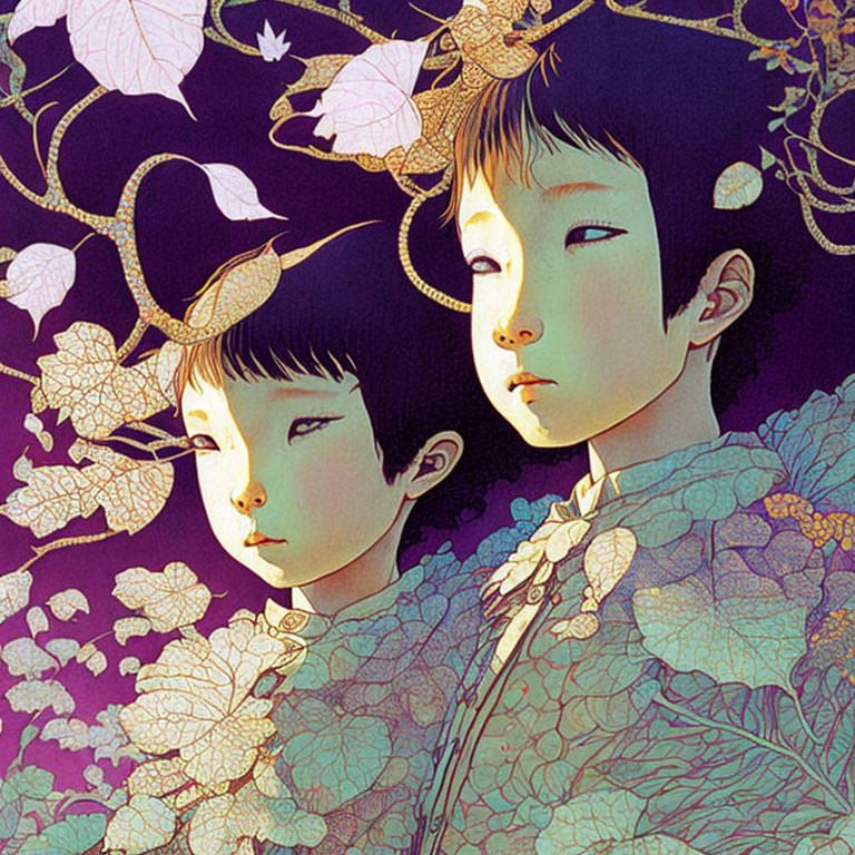 Illustration of two serene figures in purple flora - dreamy, magical ambiance
