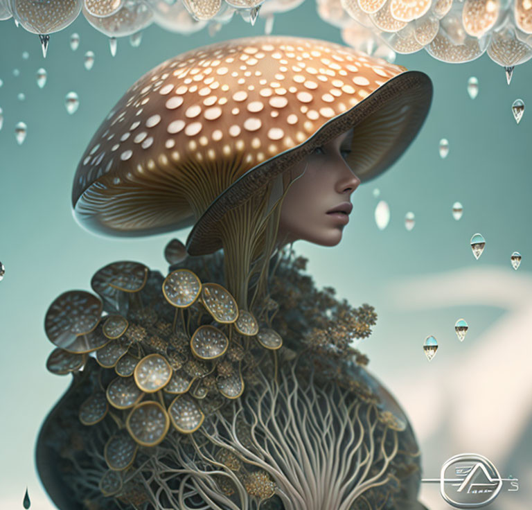 Surreal artwork: Woman with mushroom cap head in mystical setting