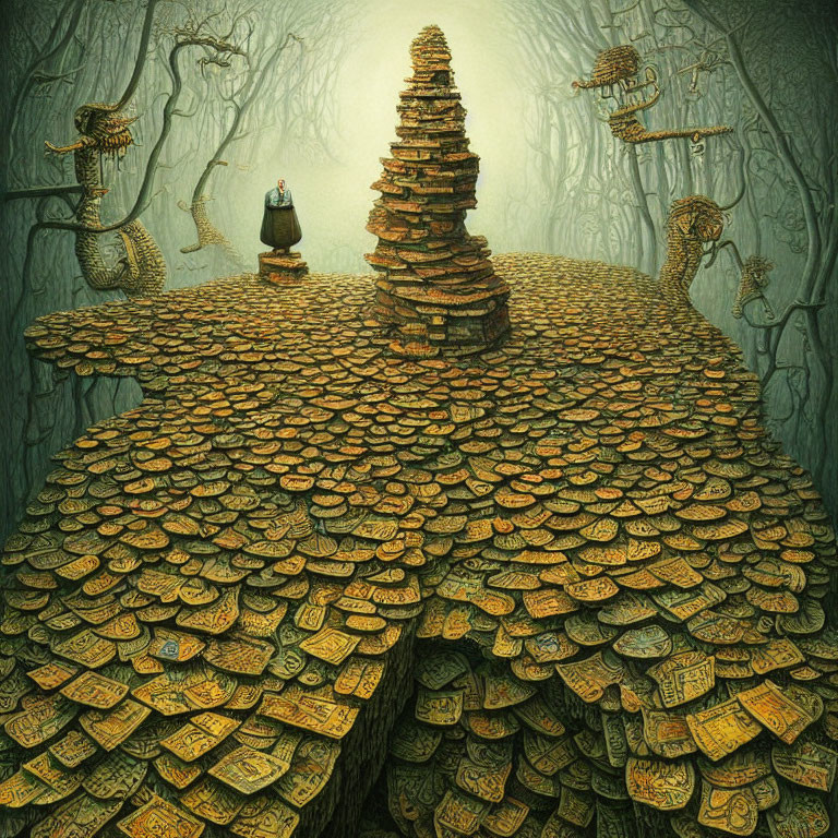 Surreal forest scene with coin pyramid and floating candles