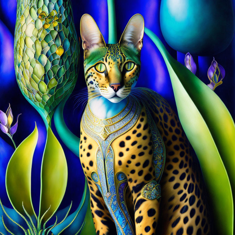 Colorful digital artwork: Leopard with human-like eyes and ornate clothing in a botanical setting