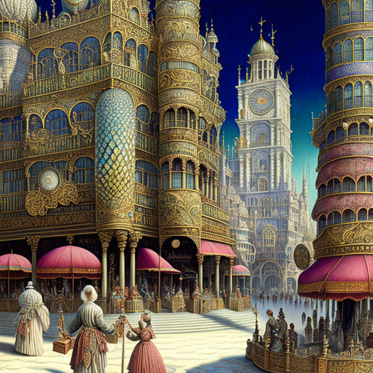 Golden ornate buildings, large clocks, and historical figures under maroon parasols in a fantastical