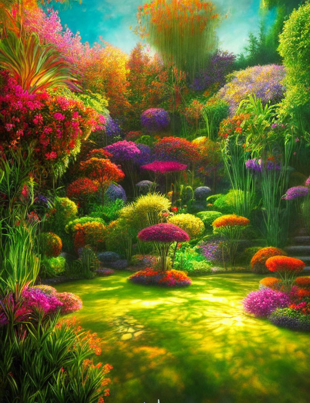 Lush Foliage and Colorful Flowers in Sunlit Garden