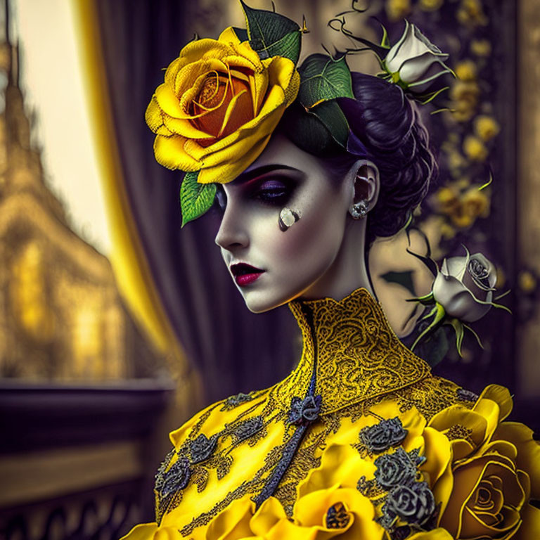 Portrait of Woman in Stylish Makeup and Yellow Attire with Roses Against Blurred Background