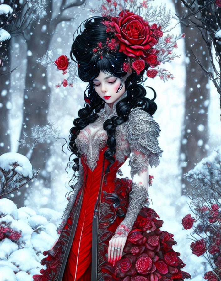Illustrated woman with black hair in red rose-adorned gown in snowy rose garden