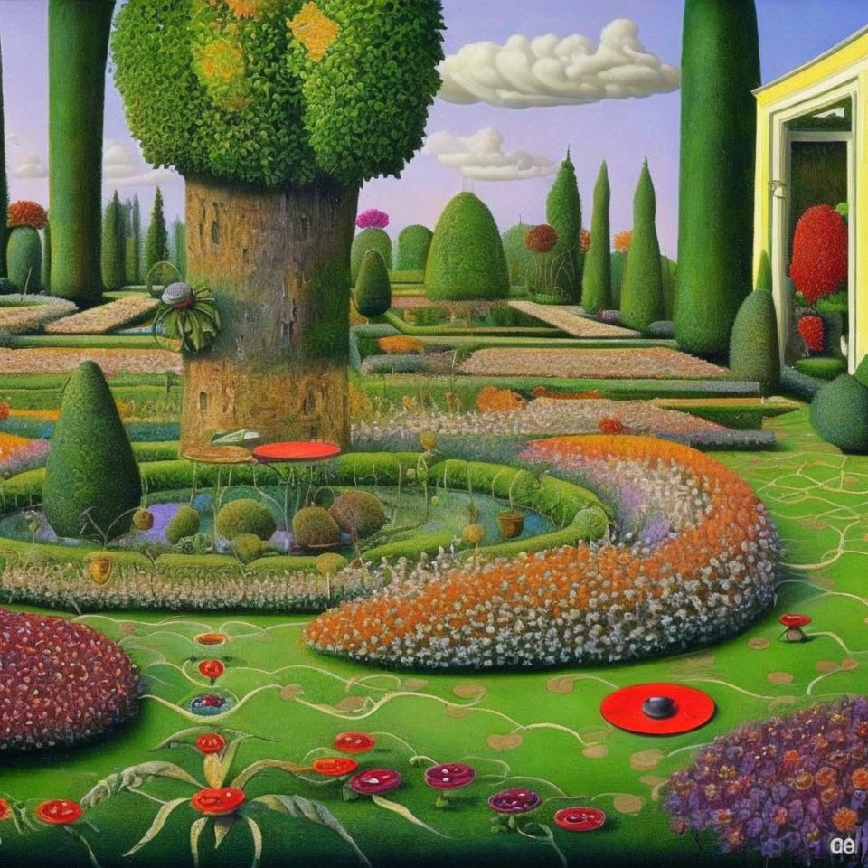 Surreal garden with mushroom-shaped trees, flower river, and red circle pathways