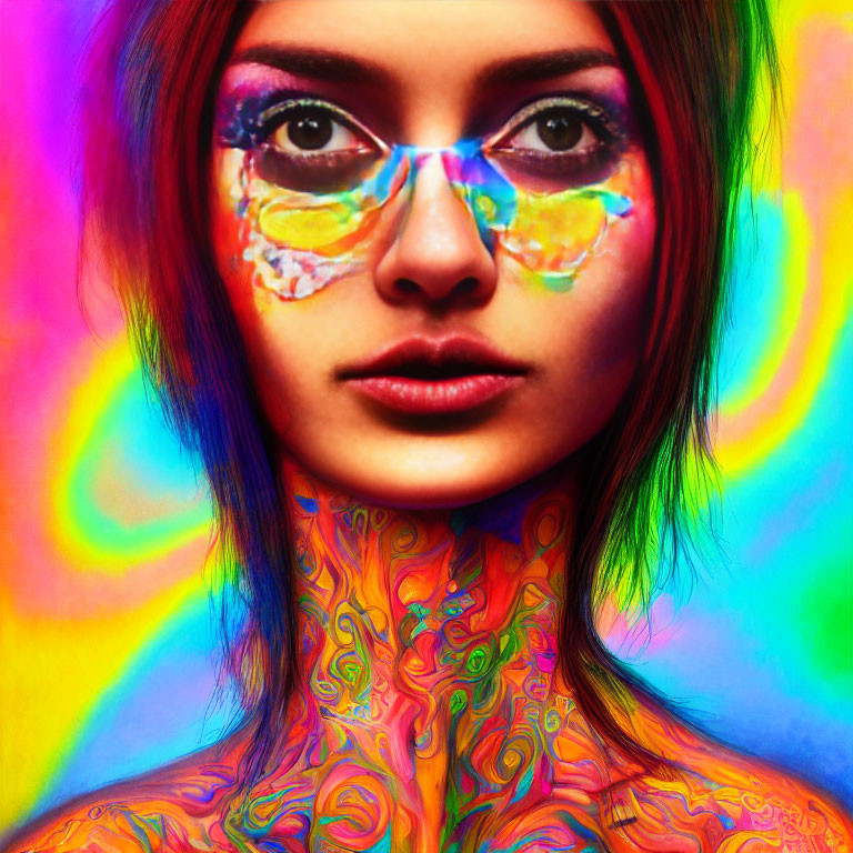 Vibrant body paint woman with intense gaze on colorful background