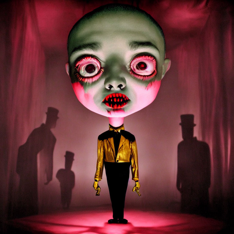 Surreal artwork: Oversized, eerie head, multiple eyes, small body in yellow shirt,