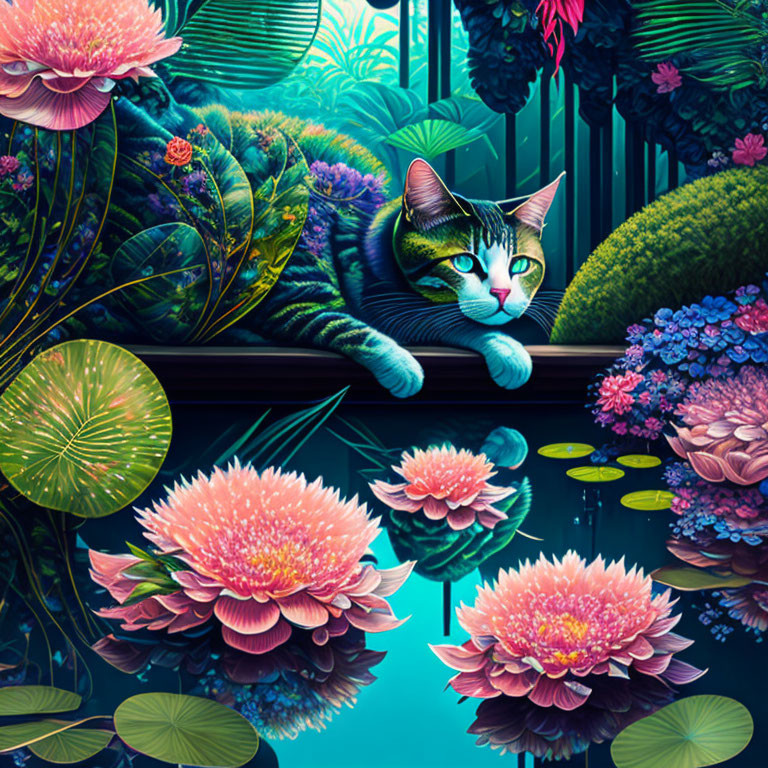Colorful Cat Relaxing Among Flowers and Leaves with Reflection in Pond