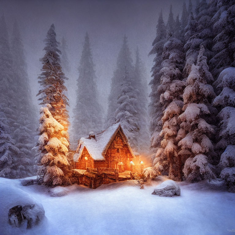 Snow-covered pine trees surround a cozy wooden cabin at twilight