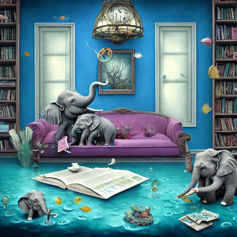 Fantasy underwater room scene with elephants reading, enjoying tea, and playing, surrounded by fish and jelly