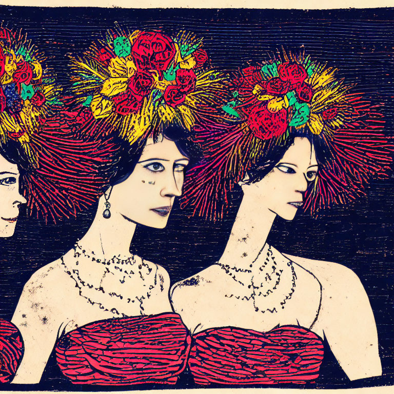 Three women in red dresses with floral headdresses on dark background
