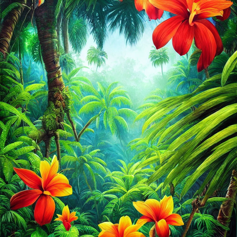 Lush Tropical Rainforest with Large Flowers and Misty Sky