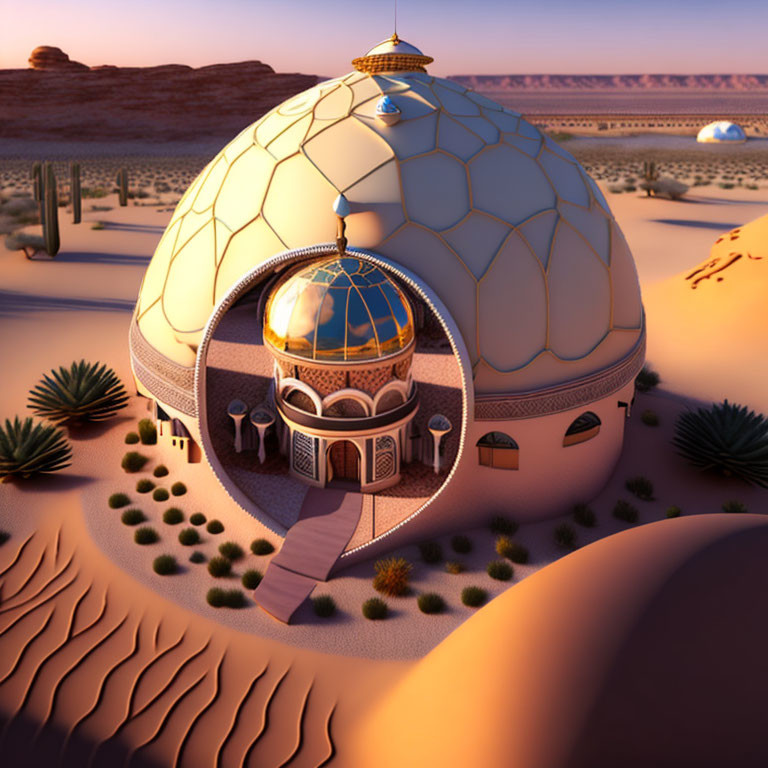 Futuristic dome structure with golden sphere in desert landscape