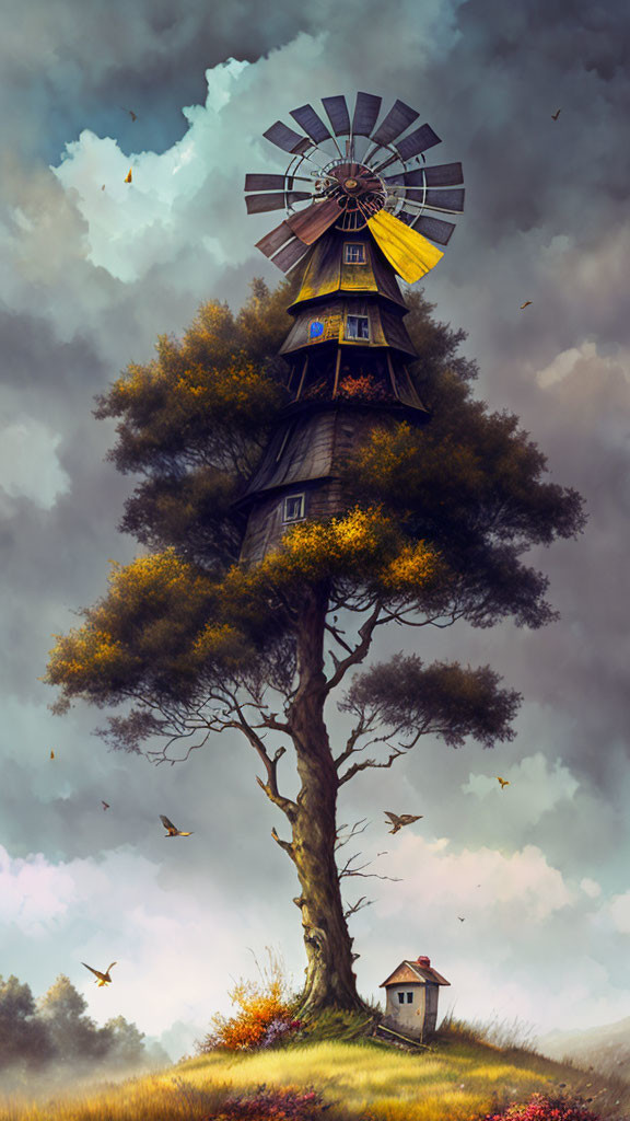 Whimsical windmill on tree with birds and tiny house