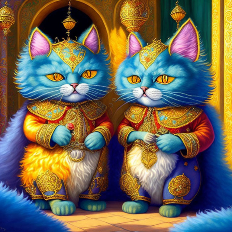 Regal Blue Cats in Ornate Golden Robes by Richly Decorated Doorway