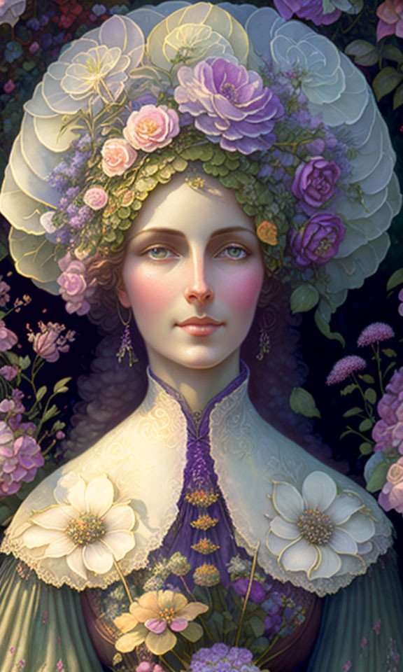 Floral Hat Portrait with Pastel-Colored Blooms