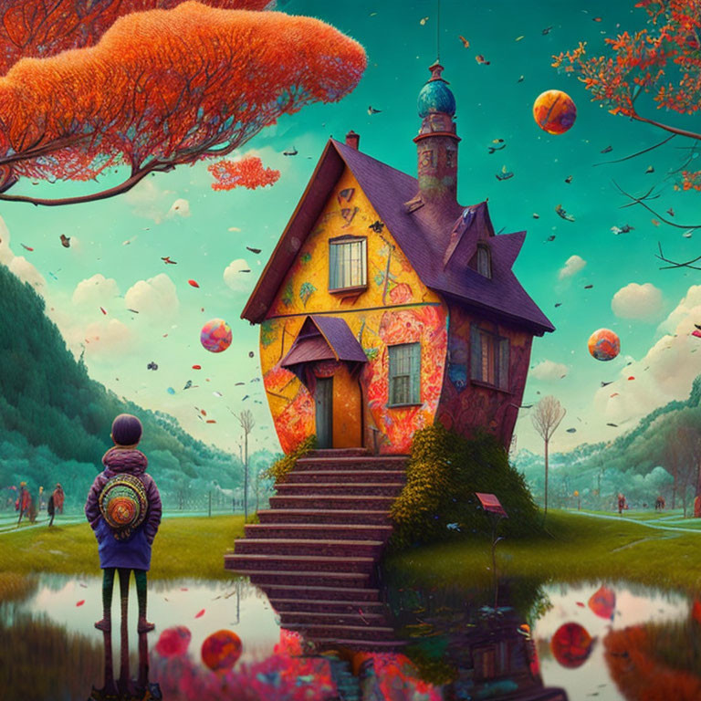Whimsical house in vibrant, fantastical landscape