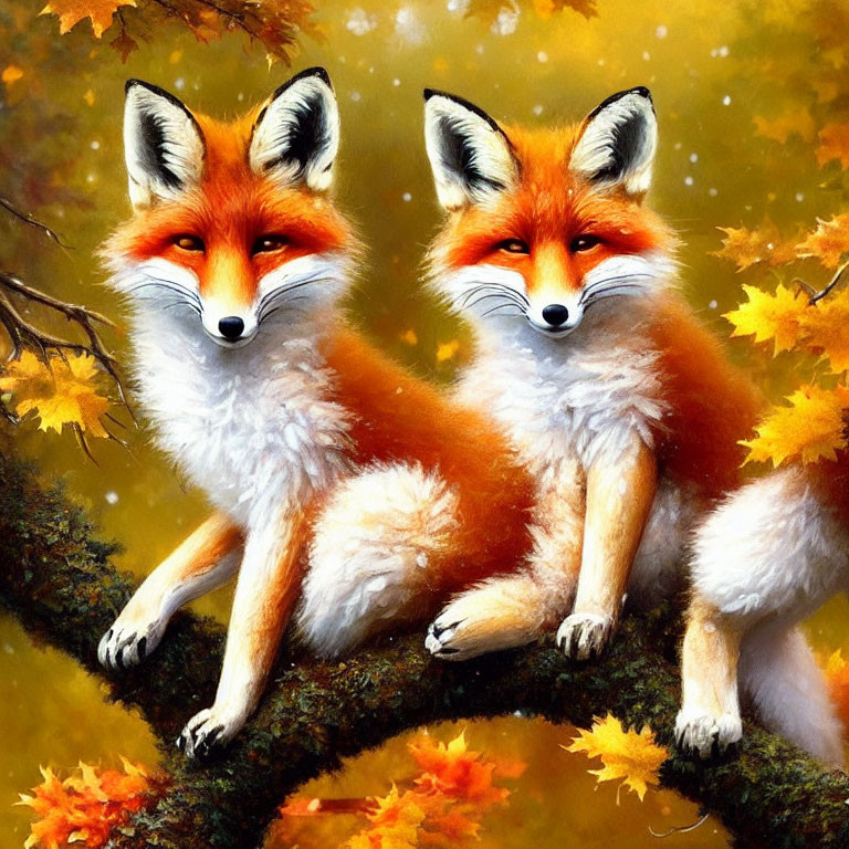 Two foxes on branch surrounded by autumn leaves