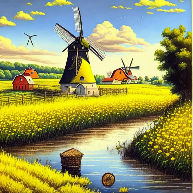Scenic rural landscape with windmills, river, and yellow flowers under blue sky