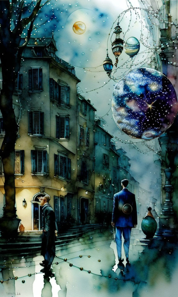 Whimsical street scene with individuals looking at celestial orbs