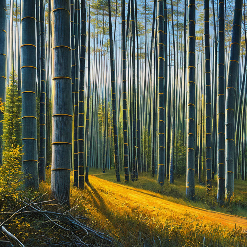 Golden sunlight in tall bamboo forest on winding dirt path